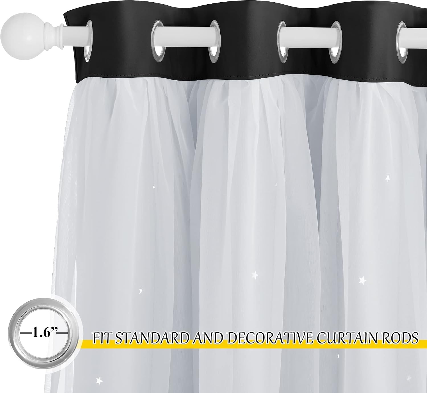 image:imageNICETOWN Kids Boys Blackout Curtains DoubleDeck Sheer Panel amp Star Drapes for Living Room Window Treatments with Tie Backs Blue 1 Pair W52 x L95Black