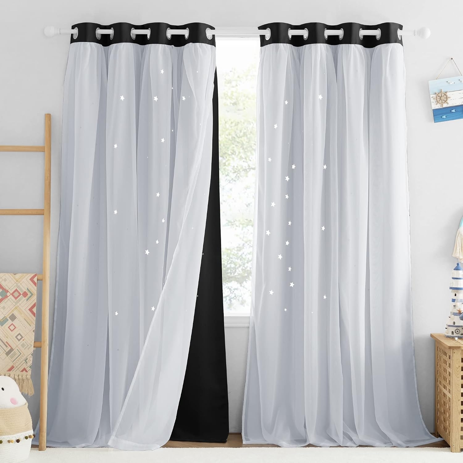image:imageNICETOWN Kids Boys Blackout Curtains DoubleDeck Sheer Panel amp Star Drapes for Living Room Window Treatments with Tie Backs Blue 1 Pair W52 x L95Black