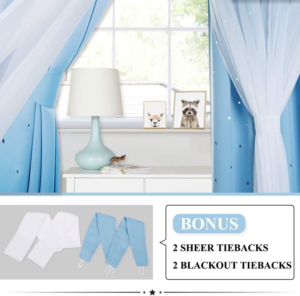 image:imageNICETOWN Kids Boys Blackout Curtains DoubleDeck Sheer Panel amp Star Drapes for Living Room Window Treatments with Tie Backs Blue 1 Pair W52 x L95Blue
