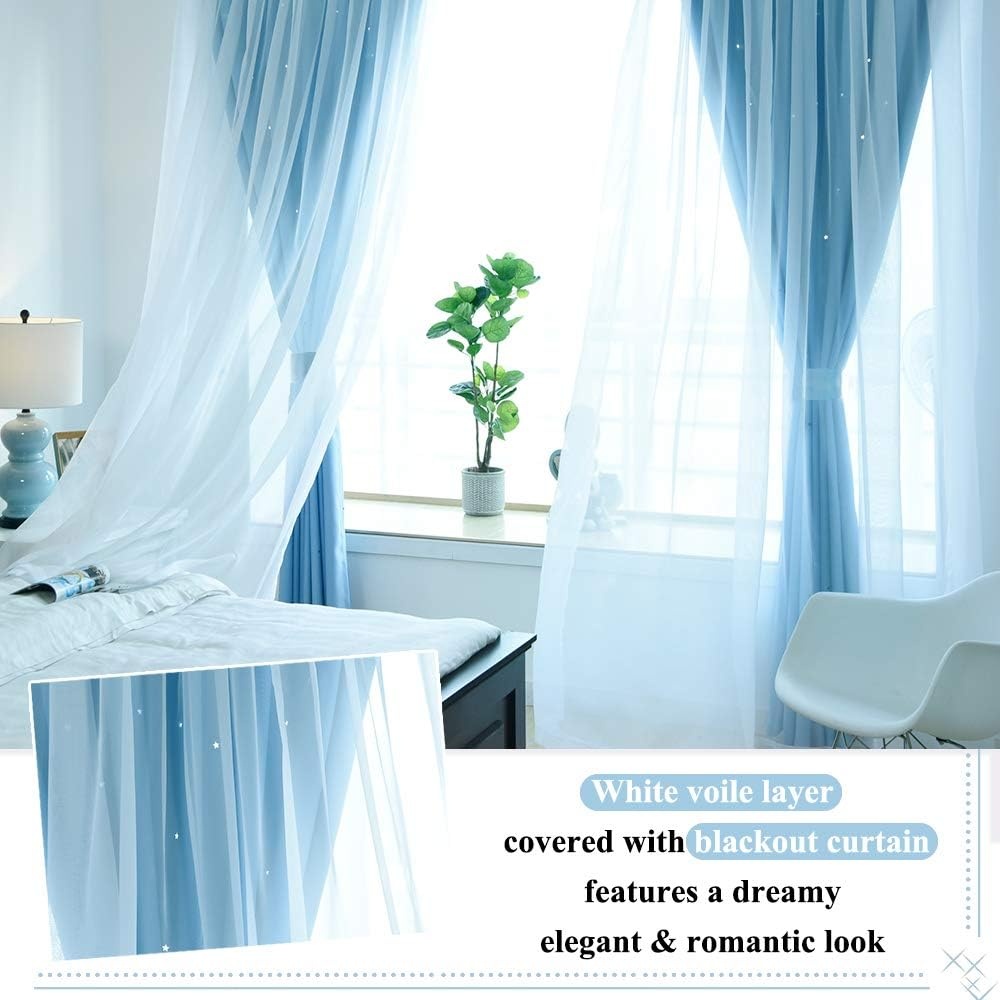 image:imageNICETOWN Kids Boys Blackout Curtains DoubleDeck Sheer Panel amp Star Drapes for Living Room Window Treatments with Tie Backs Blue 1 Pair W52 x L95Blue