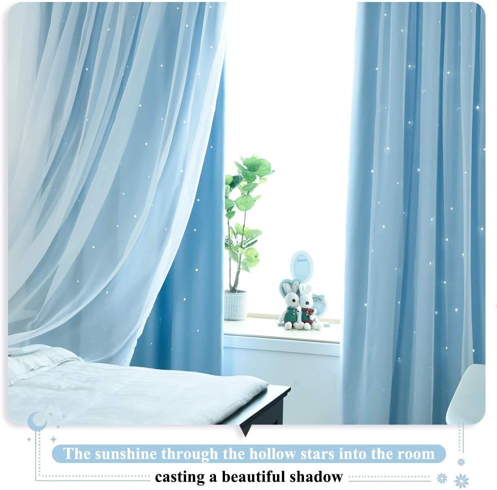 image:imageNICETOWN Kids Boys Blackout Curtains DoubleDeck Sheer Panel amp Star Drapes for Living Room Window Treatments with Tie Backs Blue 1 Pair W52 x L95Blue