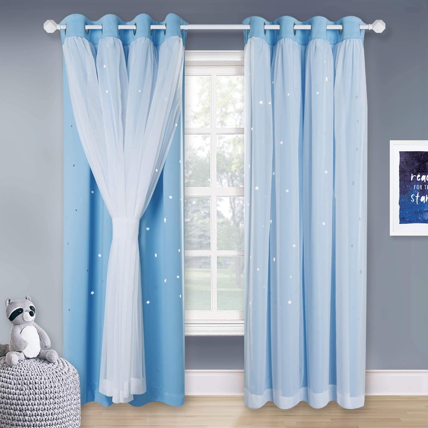image:imageNICETOWN Kids Boys Blackout Curtains DoubleDeck Sheer Panel amp Star Drapes for Living Room Window Treatments with Tie Backs Blue 1 Pair W52 x L95Blue