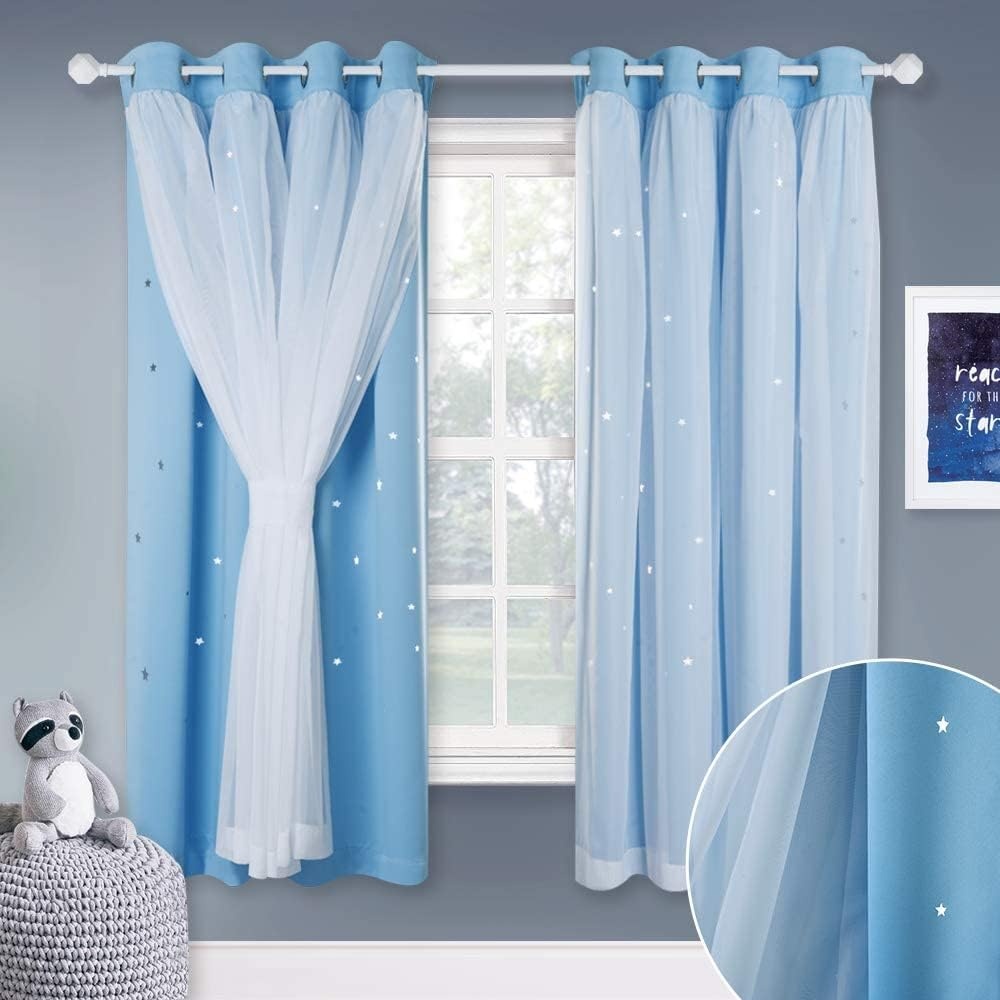 image:imageNICETOWN Kids Boys Blackout Curtains DoubleDeck Sheer Panel amp Star Drapes for Living Room Window Treatments with Tie Backs Blue 1 Pair W52 x L95Blue