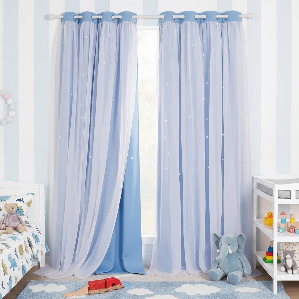 image:imageNICETOWN Kids Boys Blackout Curtains DoubleDeck Sheer Panel amp Star Drapes for Living Room Window Treatments with Tie Backs Blue 1 Pair W52 x L95Blue