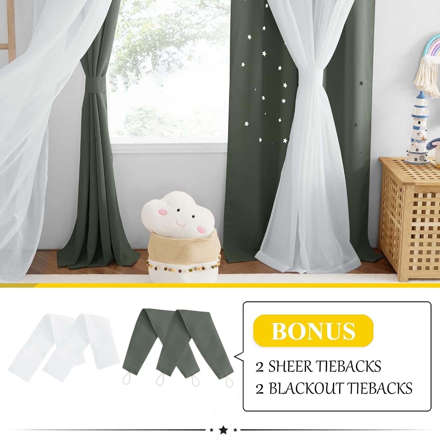 image:imageNICETOWN Kids Boys Blackout Curtains DoubleDeck Sheer Panel amp Star Drapes for Living Room Window Treatments with Tie Backs Blue 1 Pair W52 x L95Dark Mallard