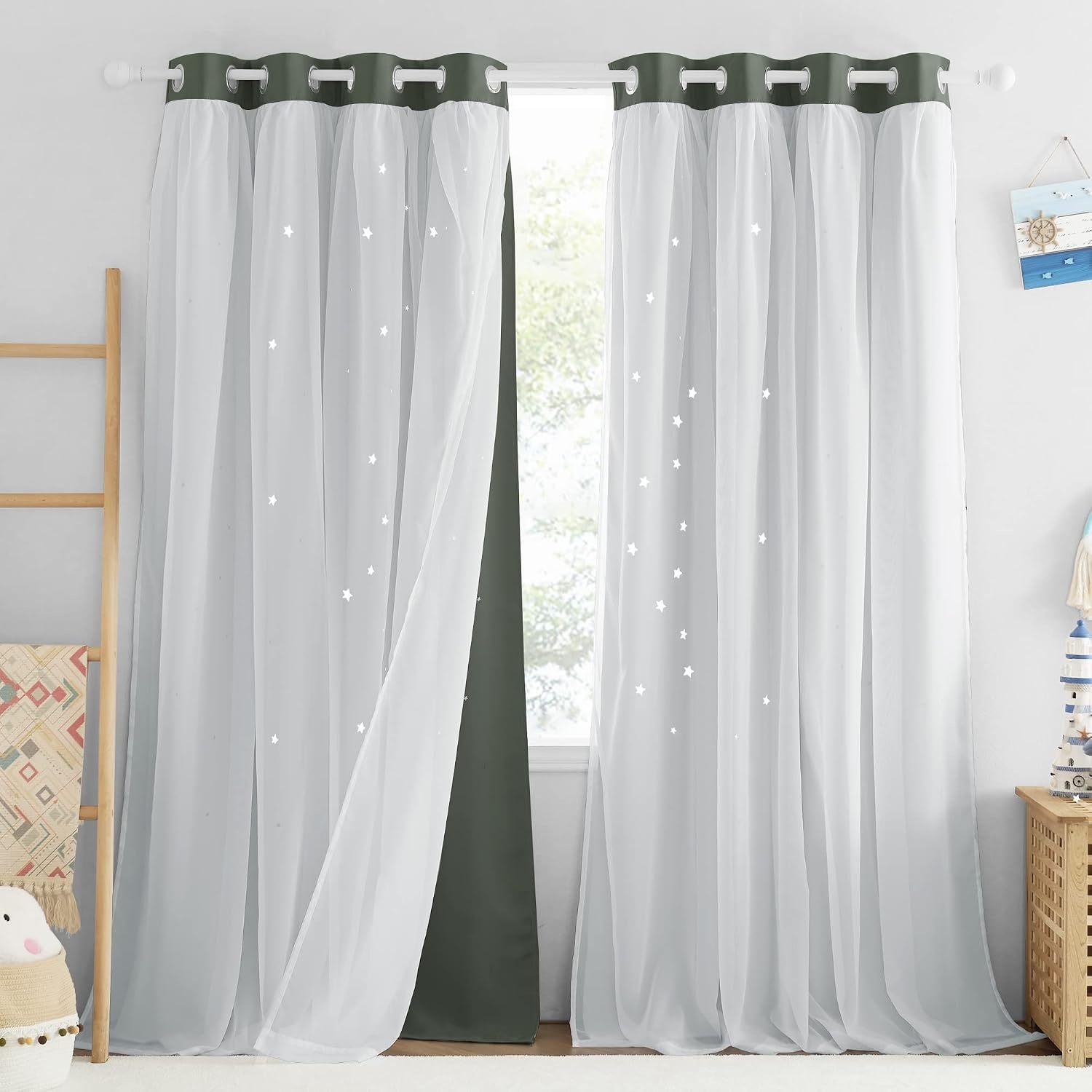 image:imageNICETOWN Kids Boys Blackout Curtains DoubleDeck Sheer Panel amp Star Drapes for Living Room Window Treatments with Tie Backs Blue 1 Pair W52 x L95Dark Mallard