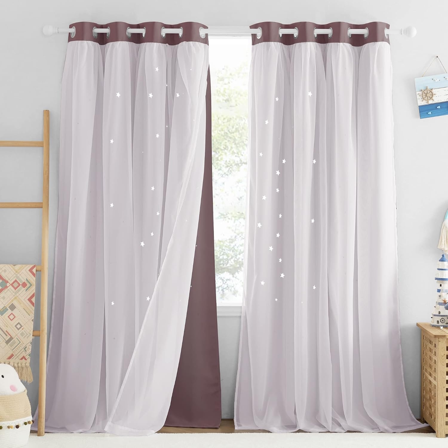 image:imageNICETOWN Kids Boys Blackout Curtains DoubleDeck Sheer Panel amp Star Drapes for Living Room Window Treatments with Tie Backs Blue 1 Pair W52 x L95Dry Rose