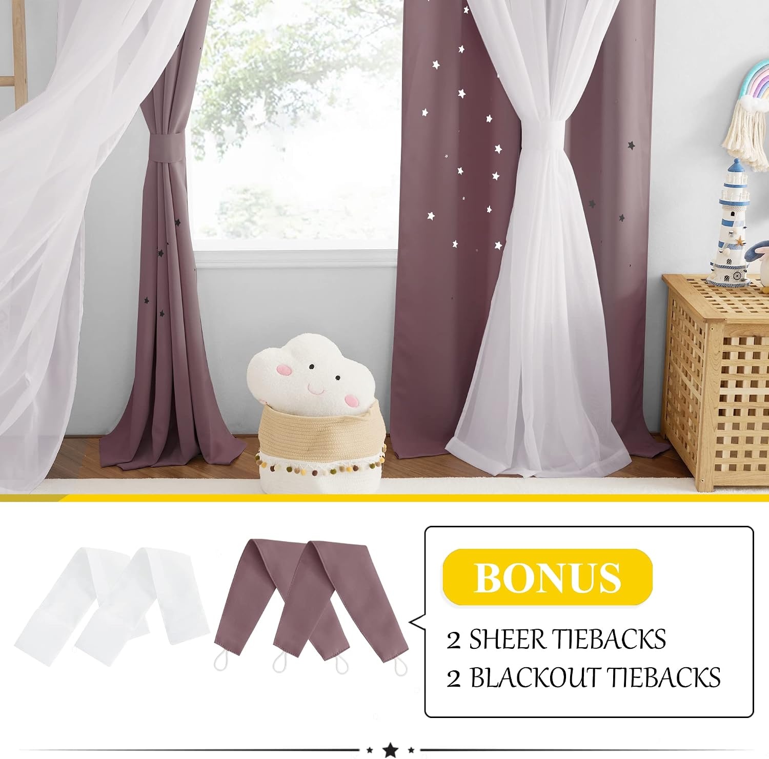 image:imageNICETOWN Kids Boys Blackout Curtains DoubleDeck Sheer Panel amp Star Drapes for Living Room Window Treatments with Tie Backs Blue 1 Pair W52 x L95Dry Rose