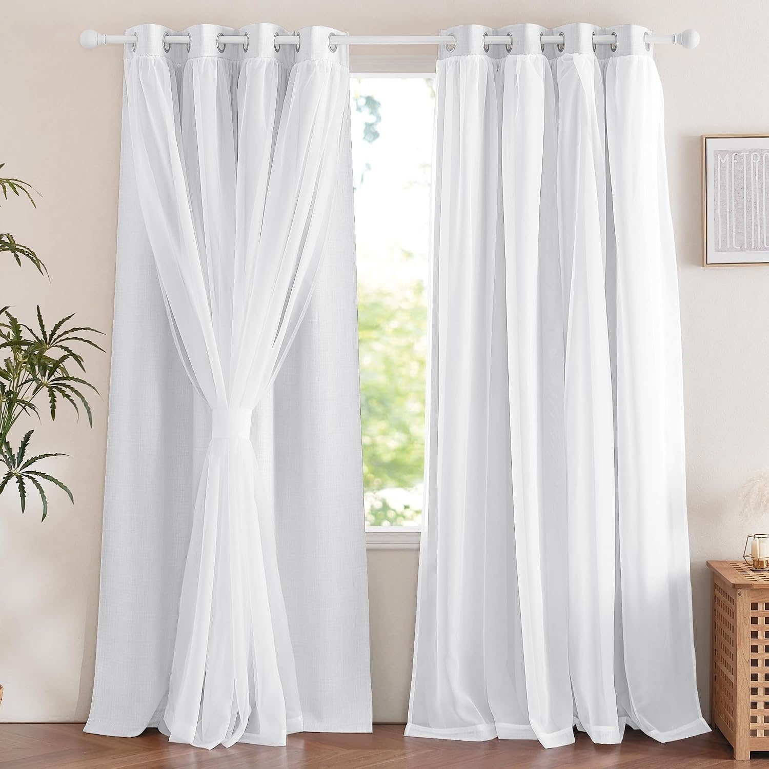 image:imageNICETOWN Kids Boys Blackout Curtains DoubleDeck Sheer Panel amp Star Drapes for Living Room Window Treatments with Tie Backs Blue 1 Pair W52 x L95Faux Linen Greyish White