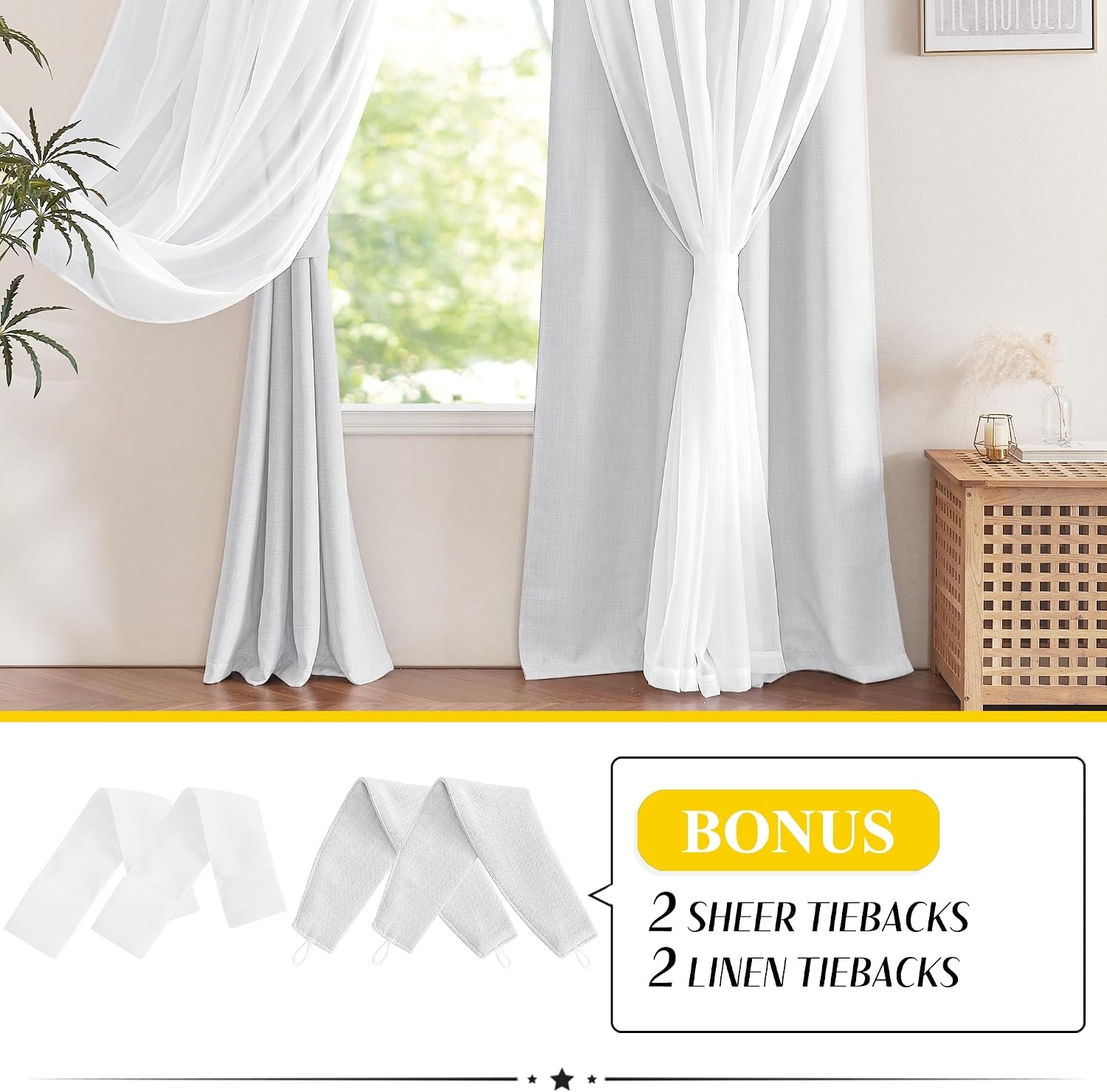 image:imageNICETOWN Kids Boys Blackout Curtains DoubleDeck Sheer Panel amp Star Drapes for Living Room Window Treatments with Tie Backs Blue 1 Pair W52 x L95Faux Linen Greyish White