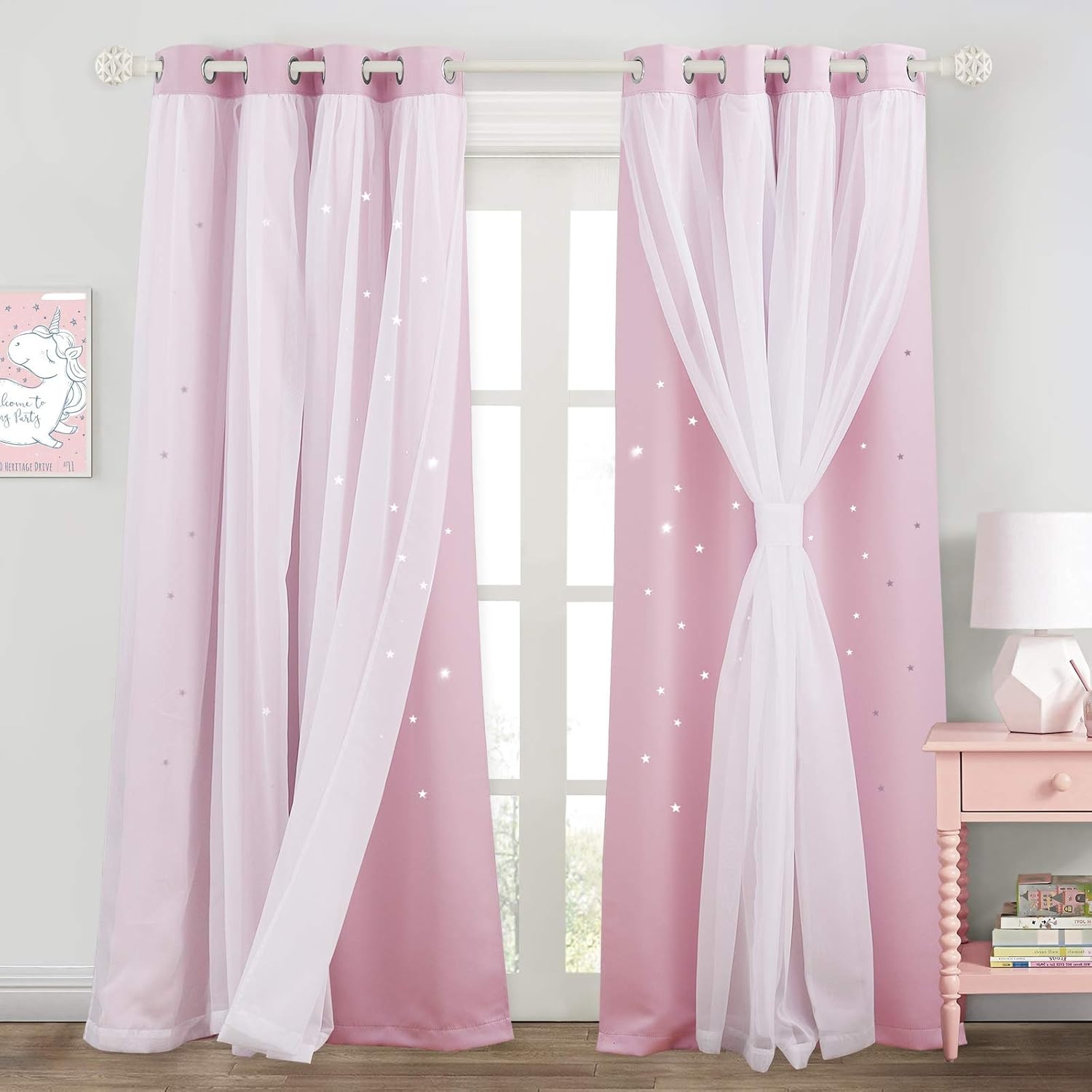 image:imageNICETOWN Kids Boys Blackout Curtains DoubleDeck Sheer Panel amp Star Drapes for Living Room Window Treatments with Tie Backs Blue 1 Pair W52 x L95Lavender Pink
