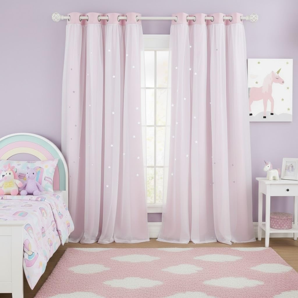 image:imageNICETOWN Kids Boys Blackout Curtains DoubleDeck Sheer Panel amp Star Drapes for Living Room Window Treatments with Tie Backs Blue 1 Pair W52 x L95Lavender Pink