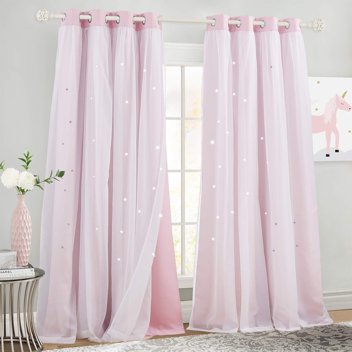 image:imageNICETOWN Kids Boys Blackout Curtains DoubleDeck Sheer Panel amp Star Drapes for Living Room Window Treatments with Tie Backs Blue 1 Pair W52 x L95Lavender Pink