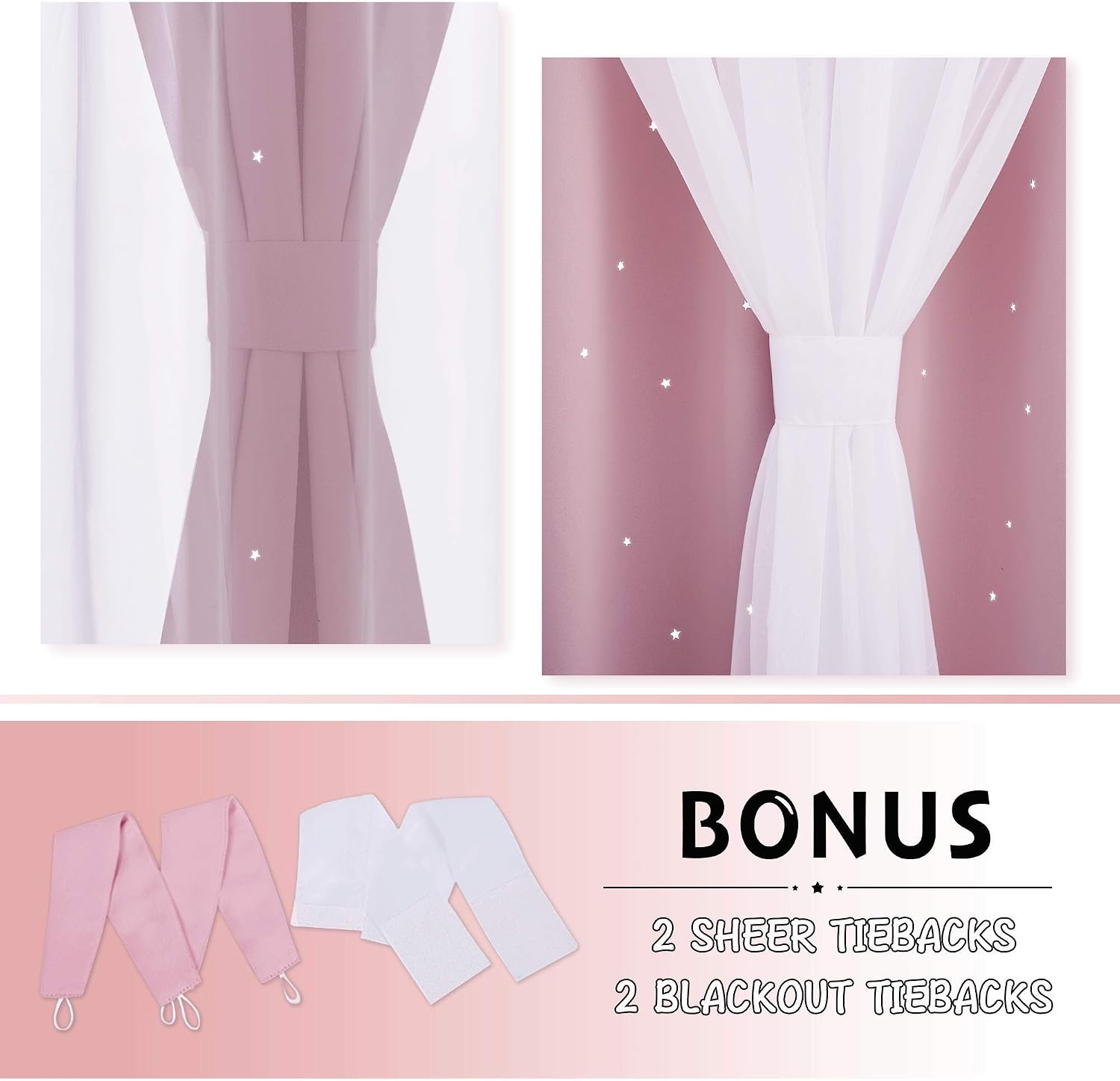 image:imageNICETOWN Kids Boys Blackout Curtains DoubleDeck Sheer Panel amp Star Drapes for Living Room Window Treatments with Tie Backs Blue 1 Pair W52 x L95Lavender Pink