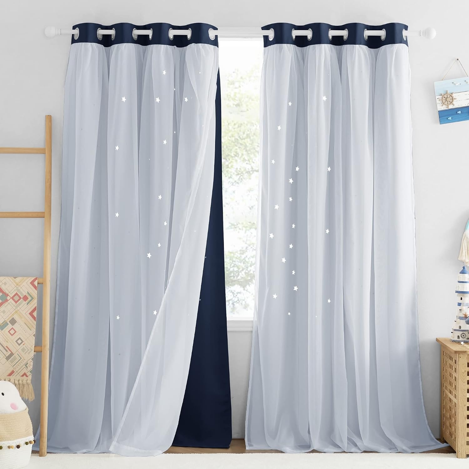 image:imageNICETOWN Kids Boys Blackout Curtains DoubleDeck Sheer Panel amp Star Drapes for Living Room Window Treatments with Tie Backs Blue 1 Pair W52 x L95Navy