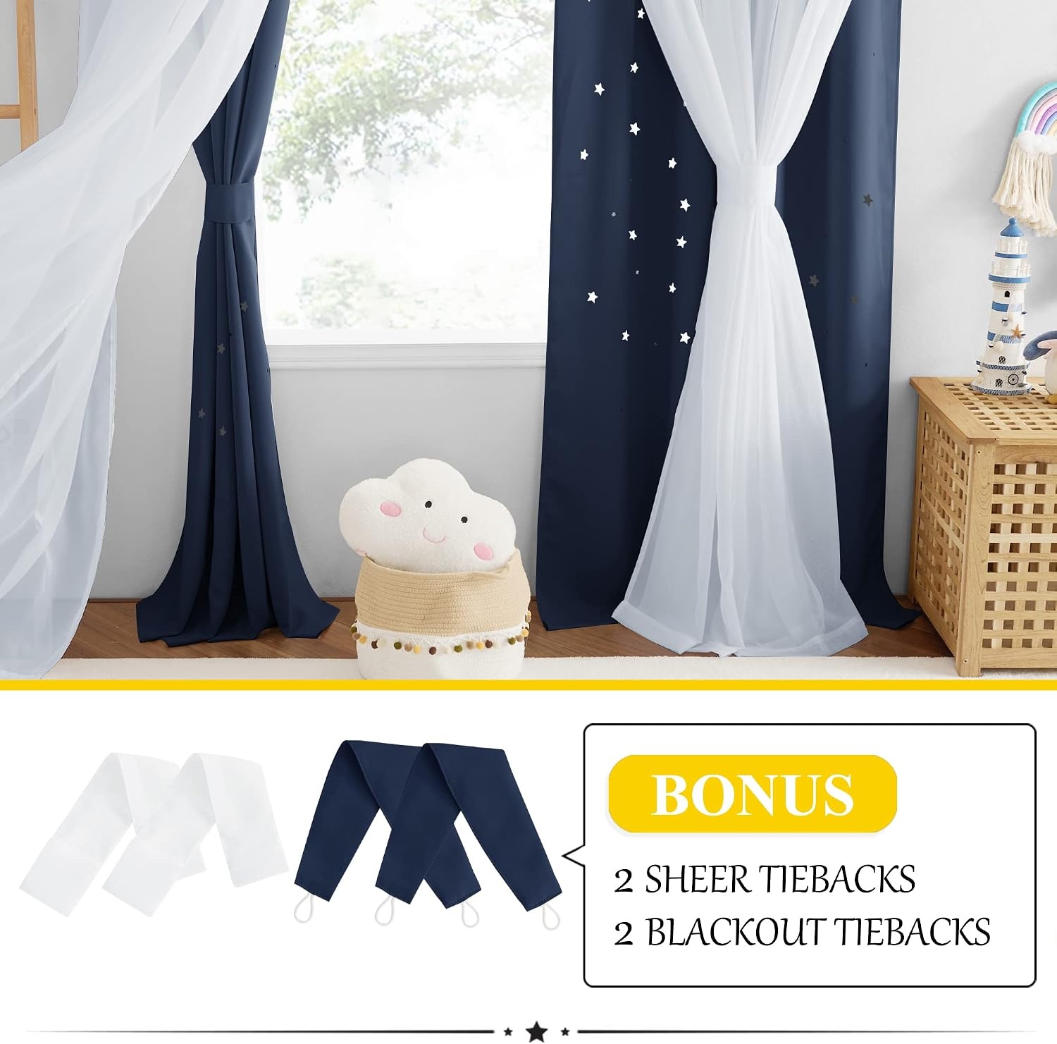 image:imageNICETOWN Kids Boys Blackout Curtains DoubleDeck Sheer Panel amp Star Drapes for Living Room Window Treatments with Tie Backs Blue 1 Pair W52 x L95Navy