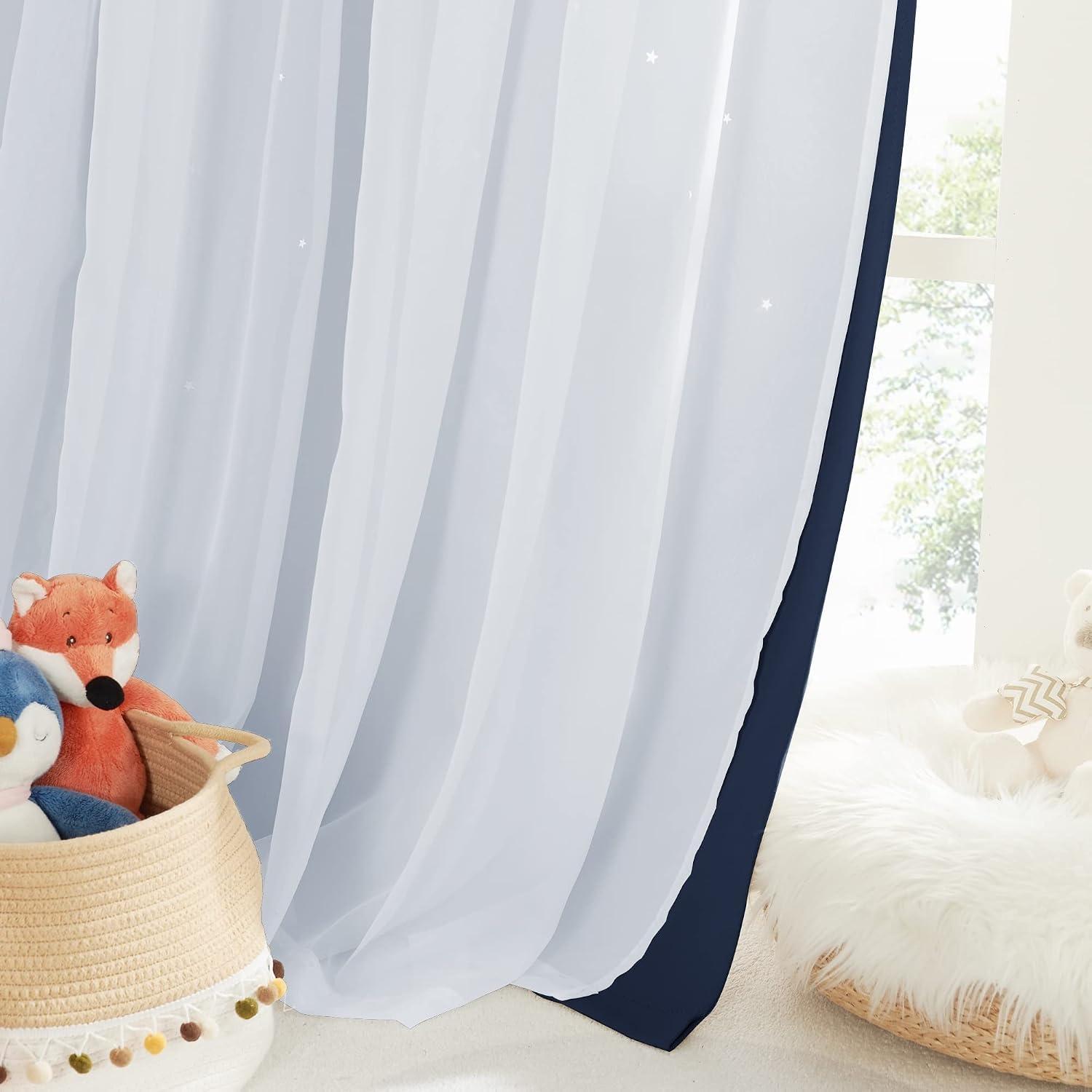 image:imageNICETOWN Kids Boys Blackout Curtains DoubleDeck Sheer Panel amp Star Drapes for Living Room Window Treatments with Tie Backs Blue 1 Pair W52 x L95Navy