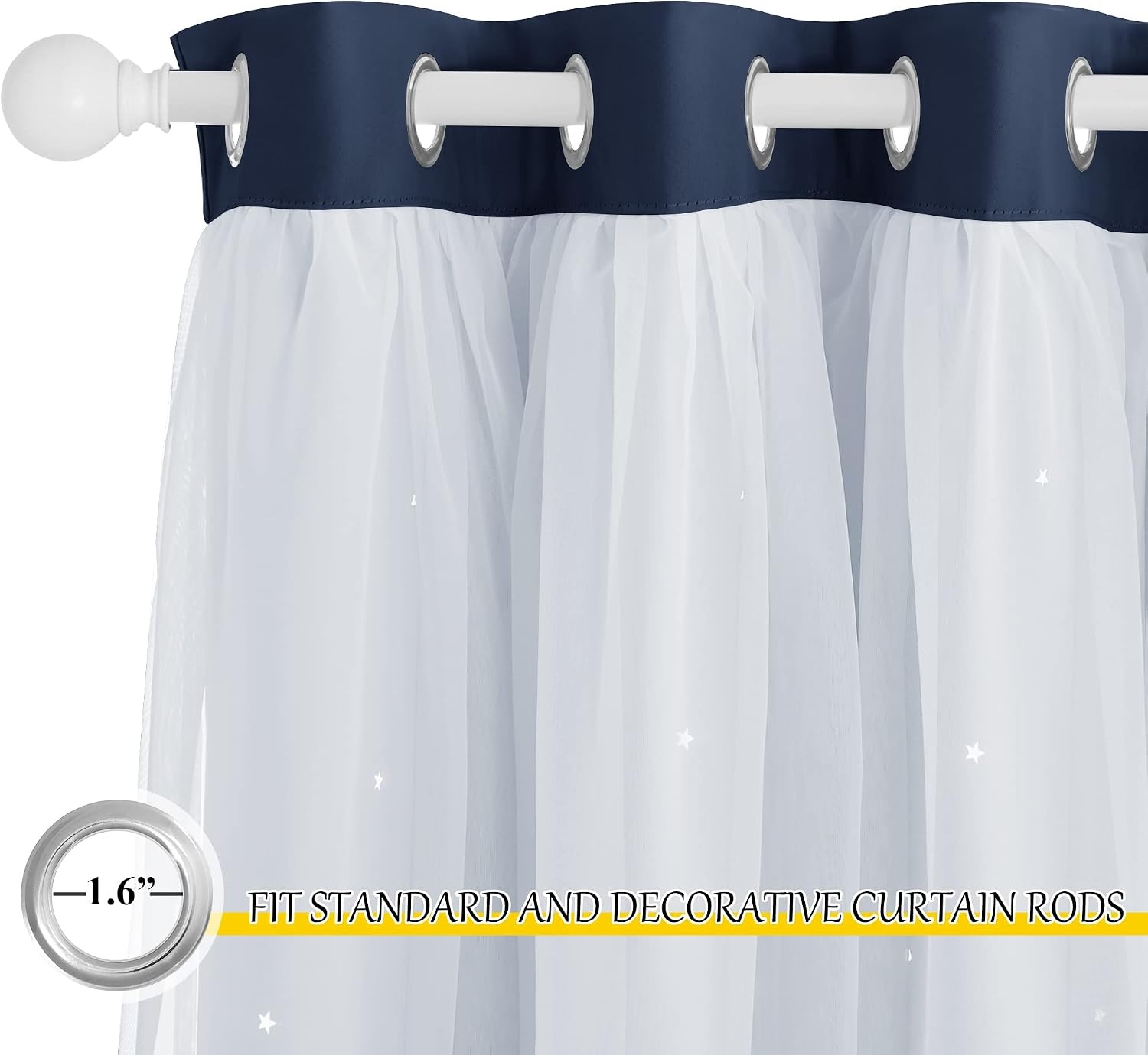 image:imageNICETOWN Kids Boys Blackout Curtains DoubleDeck Sheer Panel amp Star Drapes for Living Room Window Treatments with Tie Backs Blue 1 Pair W52 x L95Navy