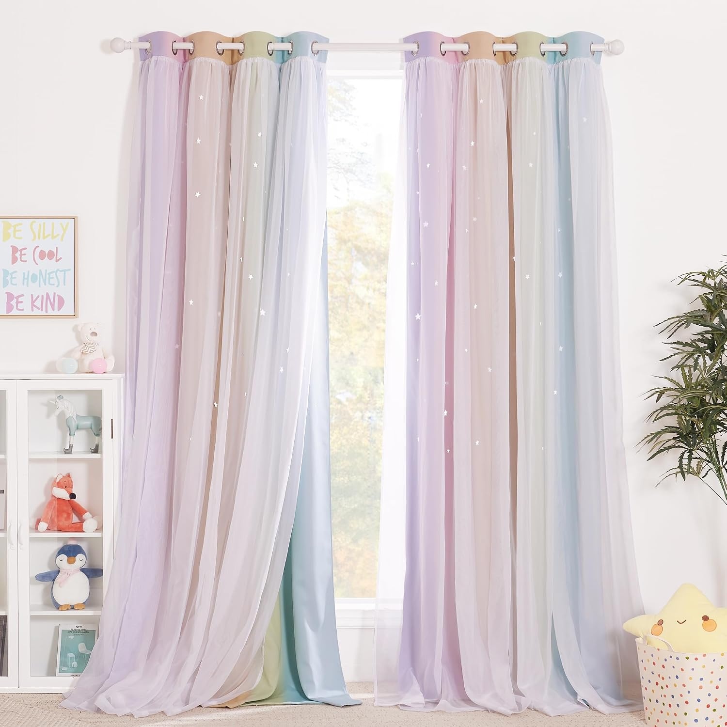 image:imageNICETOWN Kids Boys Blackout Curtains DoubleDeck Sheer Panel amp Star Drapes for Living Room Window Treatments with Tie Backs Blue 1 Pair W52 x L95Rainbow1