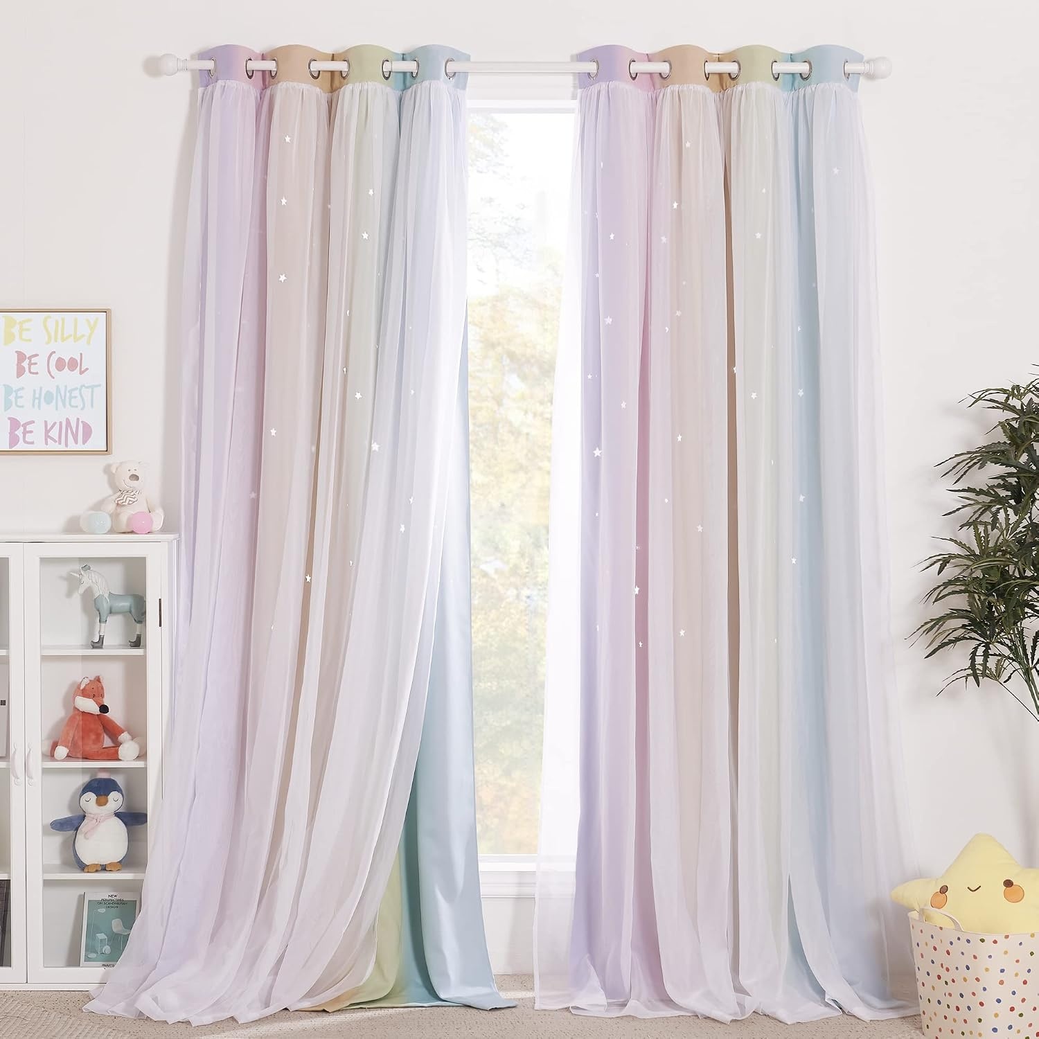 image:imageNICETOWN Kids Boys Blackout Curtains DoubleDeck Sheer Panel amp Star Drapes for Living Room Window Treatments with Tie Backs Blue 1 Pair W52 x L95Rainbow1