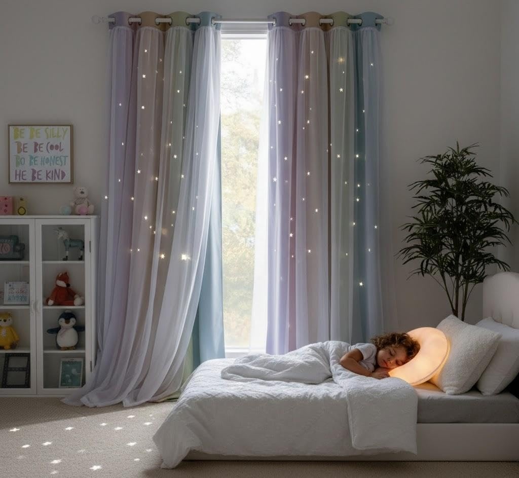 image:imageNICETOWN Kids Boys Blackout Curtains DoubleDeck Sheer Panel amp Star Drapes for Living Room Window Treatments with Tie Backs Blue 1 Pair W52 x L95Rainbow1
