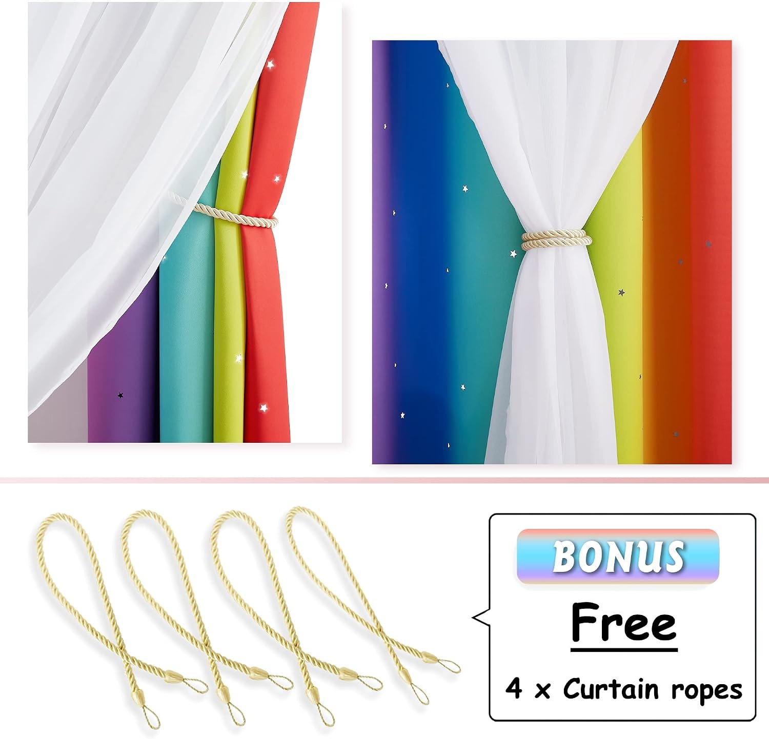 image:imageNICETOWN Kids Boys Blackout Curtains DoubleDeck Sheer Panel amp Star Drapes for Living Room Window Treatments with Tie Backs Blue 1 Pair W52 x L95Rainbow2