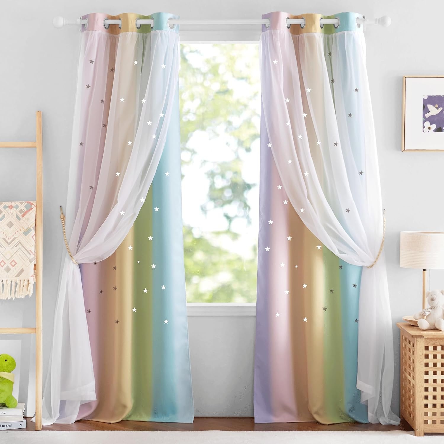 image:imageNICETOWN Kids Boys Blackout Curtains DoubleDeck Sheer Panel amp Star Drapes for Living Room Window Treatments with Tie Backs Blue 1 Pair W52 x L95Rainbow1
