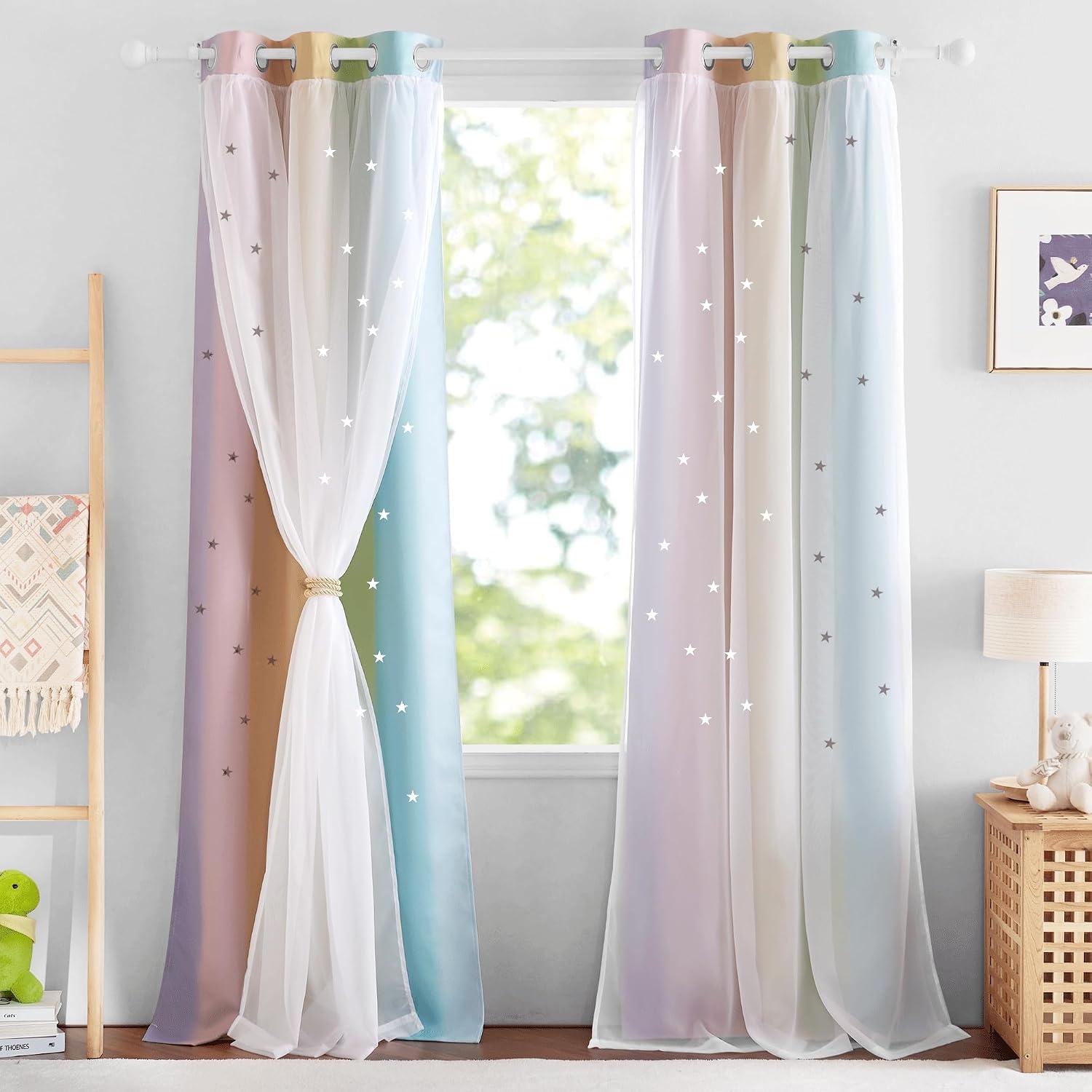 image:imageNICETOWN Kids Boys Blackout Curtains DoubleDeck Sheer Panel amp Star Drapes for Living Room Window Treatments with Tie Backs Blue 1 Pair W52 x L95Rainbow1