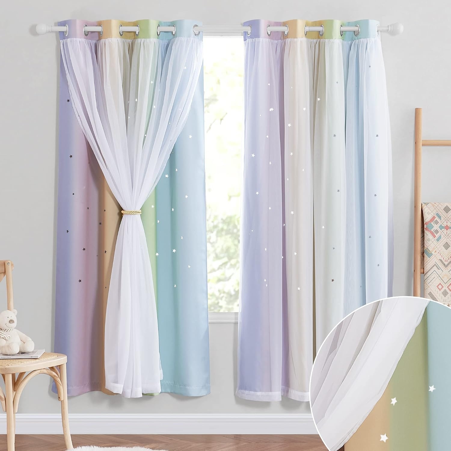 image:imageNICETOWN Kids Boys Blackout Curtains DoubleDeck Sheer Panel amp Star Drapes for Living Room Window Treatments with Tie Backs Blue 1 Pair W52 x L95Rainbow1