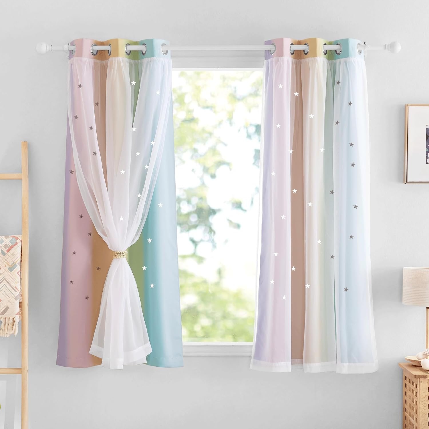 image:imageNICETOWN Kids Boys Blackout Curtains DoubleDeck Sheer Panel amp Star Drapes for Living Room Window Treatments with Tie Backs Blue 1 Pair W52 x L95Rainbow1
