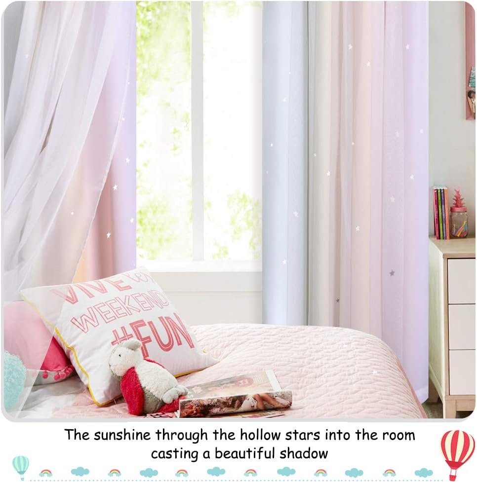 image:imageNICETOWN Kids Boys Blackout Curtains DoubleDeck Sheer Panel amp Star Drapes for Living Room Window Treatments with Tie Backs Blue 1 Pair W52 x L95Rainbow1