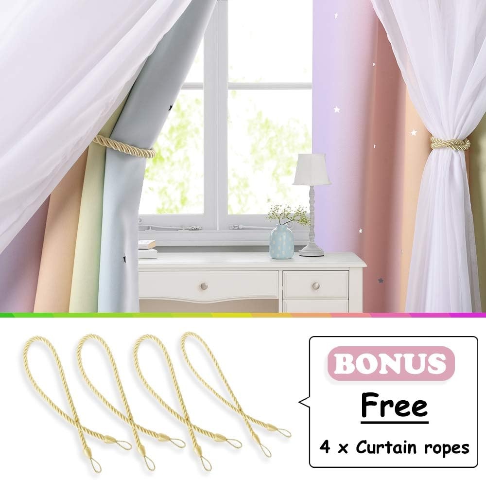 image:imageNICETOWN Kids Boys Blackout Curtains DoubleDeck Sheer Panel amp Star Drapes for Living Room Window Treatments with Tie Backs Blue 1 Pair W52 x L95Rainbow1