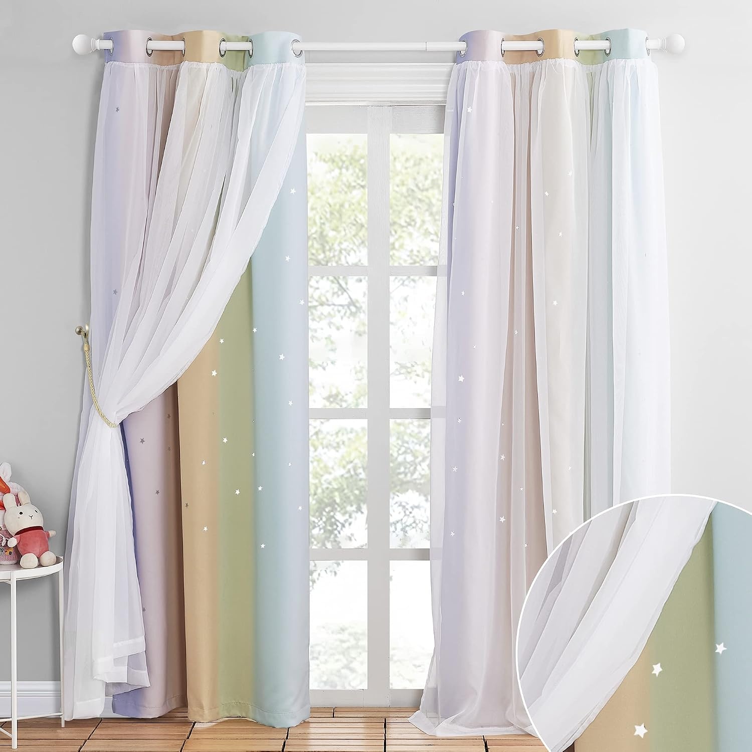 image:imageNICETOWN Kids Boys Blackout Curtains DoubleDeck Sheer Panel amp Star Drapes for Living Room Window Treatments with Tie Backs Blue 1 Pair W52 x L95Rainbow1