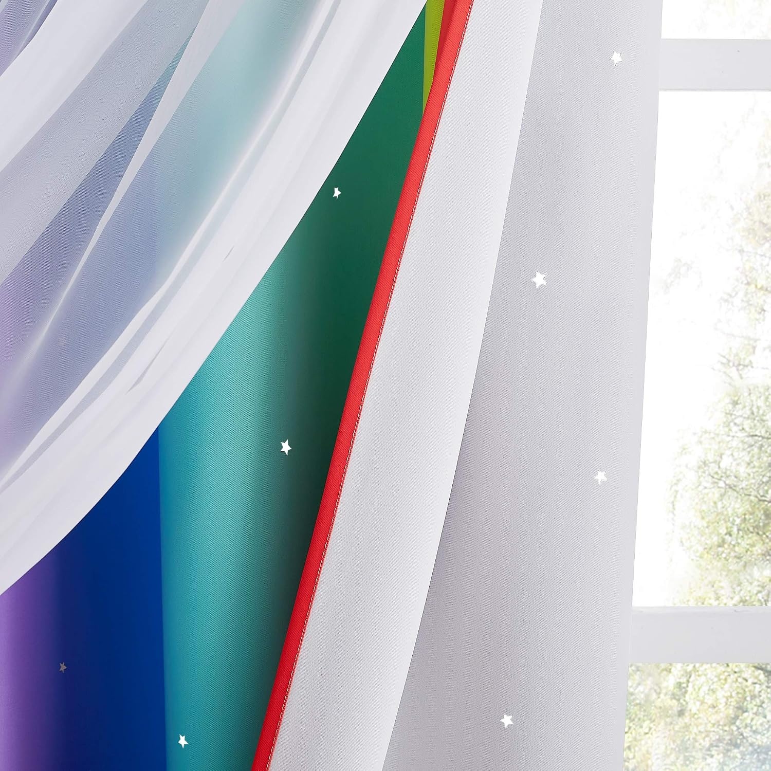 image:imageNICETOWN Kids Boys Blackout Curtains DoubleDeck Sheer Panel amp Star Drapes for Living Room Window Treatments with Tie Backs Blue 1 Pair W52 x L95Rainbow2