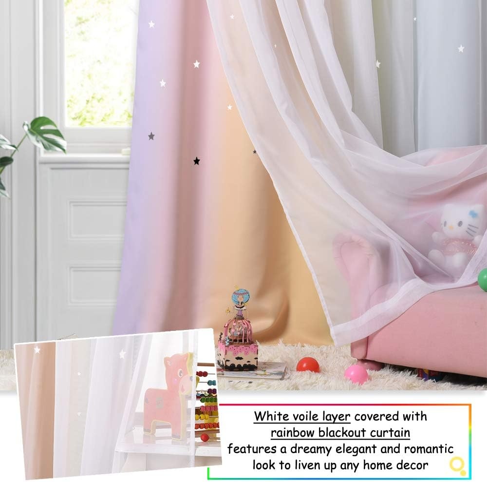 image:imageNICETOWN Kids Boys Blackout Curtains DoubleDeck Sheer Panel amp Star Drapes for Living Room Window Treatments with Tie Backs Blue 1 Pair W52 x L95Rainbow1