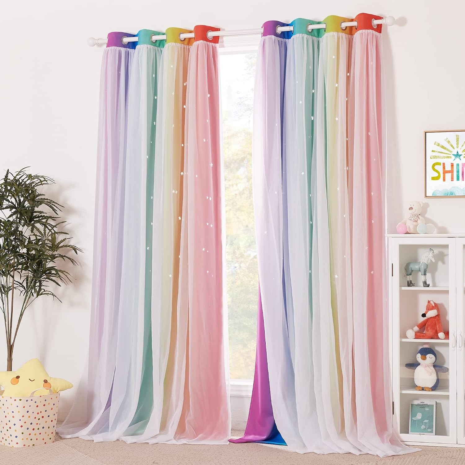 image:imageNICETOWN Kids Boys Blackout Curtains DoubleDeck Sheer Panel amp Star Drapes for Living Room Window Treatments with Tie Backs Blue 1 Pair W52 x L95Rainbow2