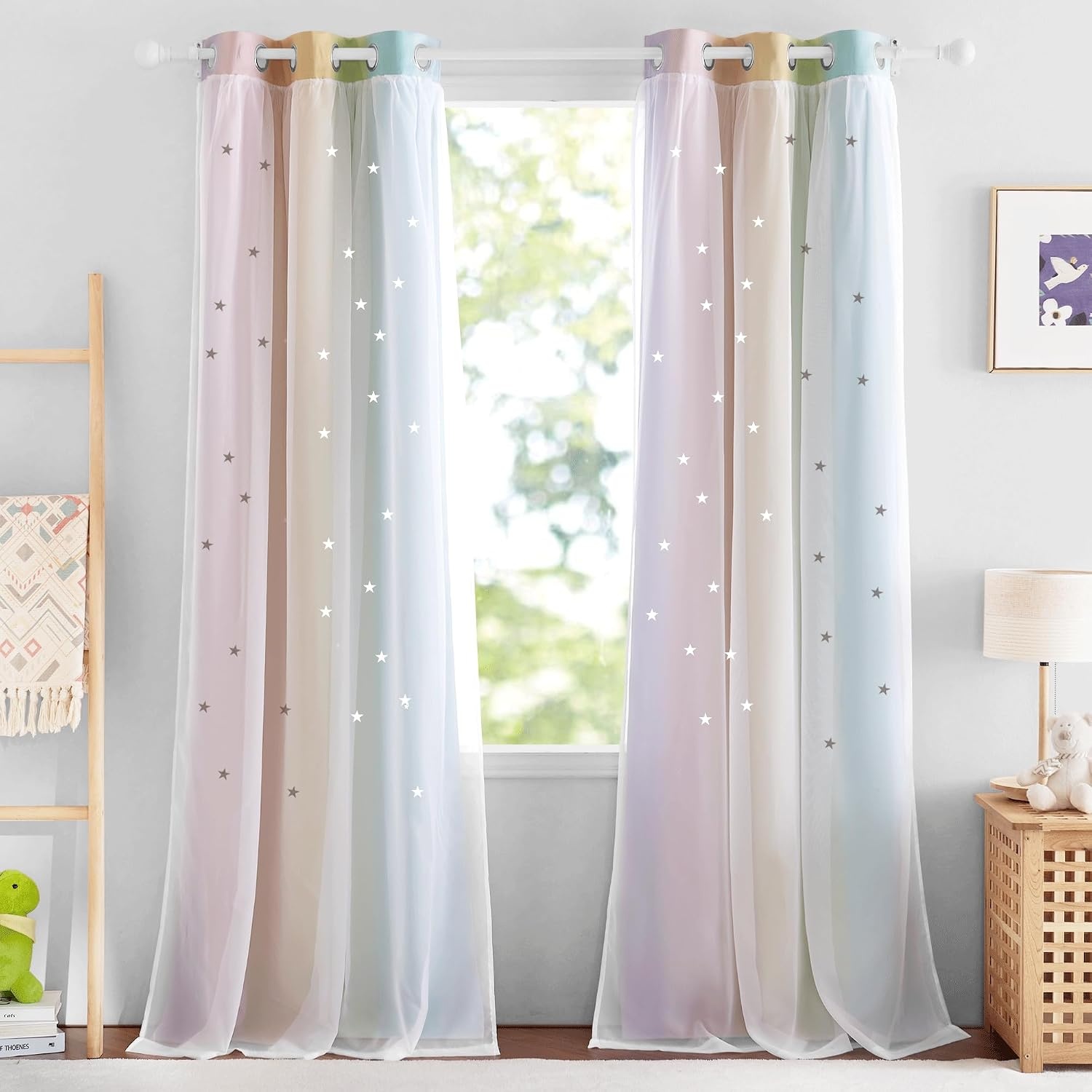 image:imageNICETOWN Kids Boys Blackout Curtains DoubleDeck Sheer Panel amp Star Drapes for Living Room Window Treatments with Tie Backs Blue 1 Pair W52 x L95Rainbow1