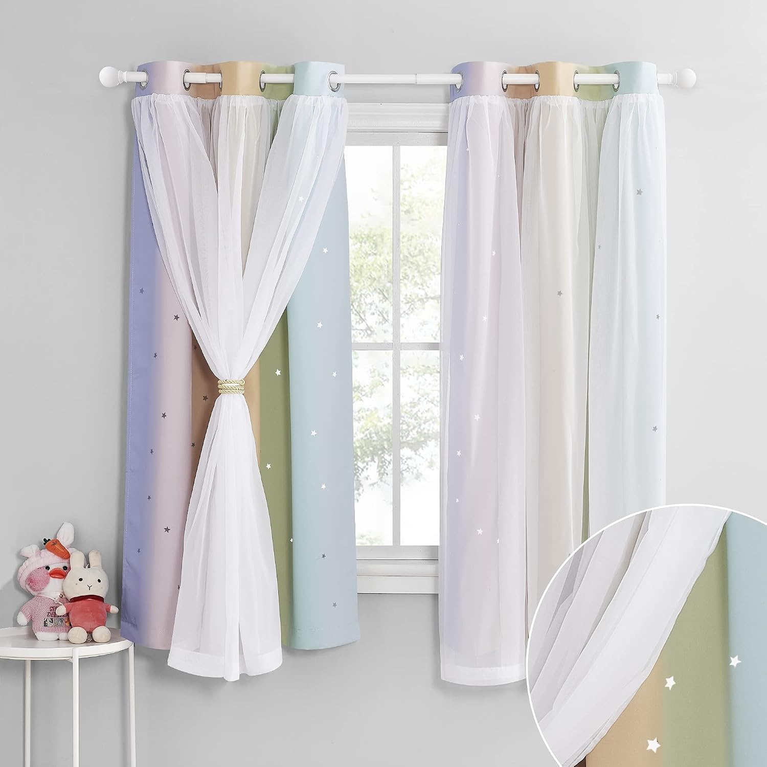 image:imageNICETOWN Kids Boys Blackout Curtains DoubleDeck Sheer Panel amp Star Drapes for Living Room Window Treatments with Tie Backs Blue 1 Pair W52 x L95Rainbow1