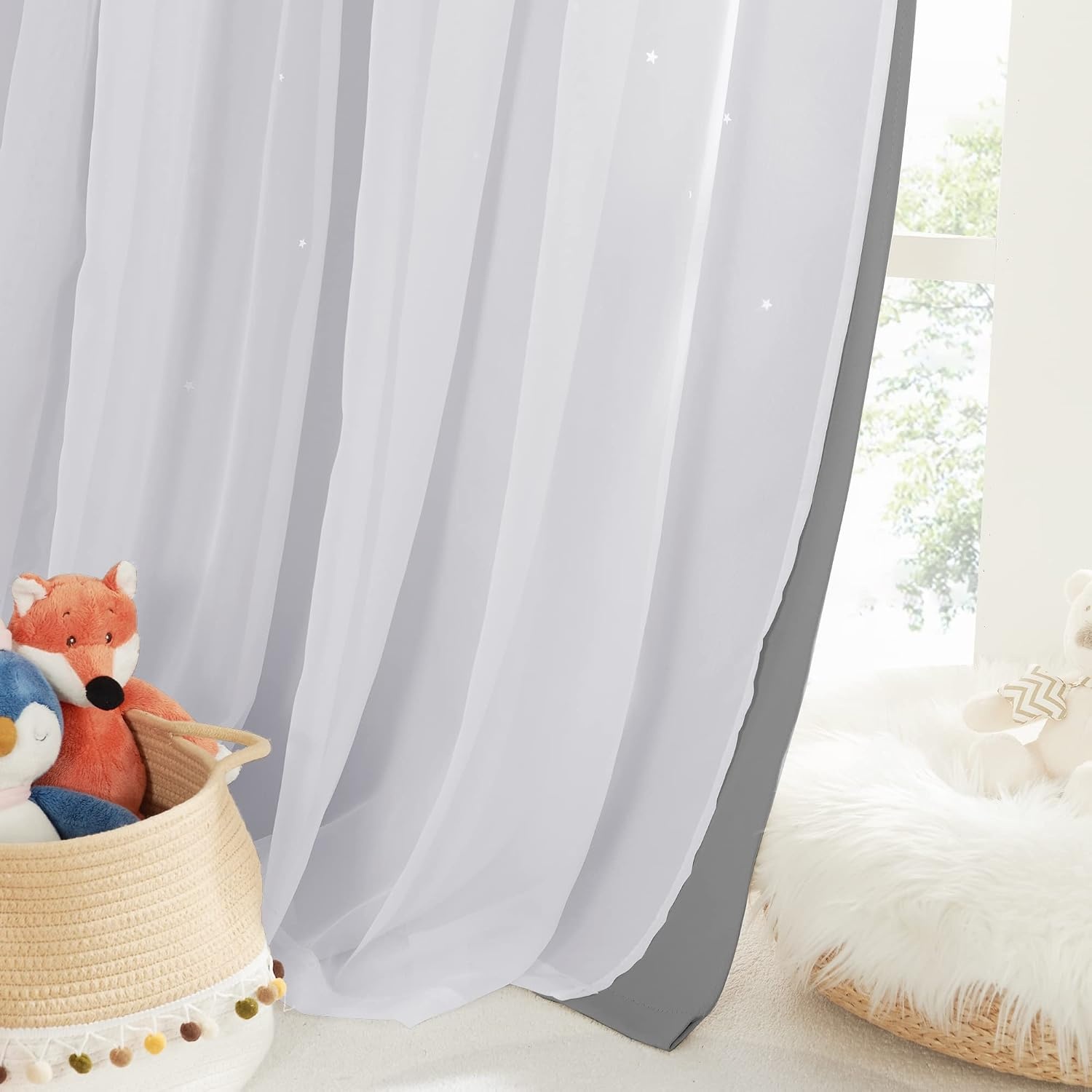 image:imageNICETOWN Kids Boys Blackout Curtains DoubleDeck Sheer Panel amp Star Drapes for Living Room Window Treatments with Tie Backs Blue 1 Pair W52 x L95Silver Grey