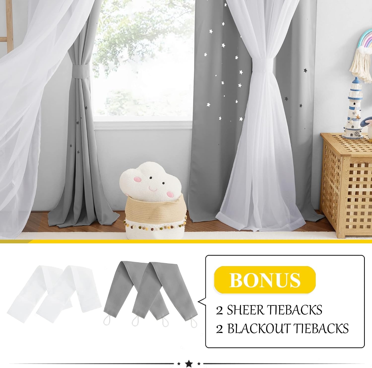 image:imageNICETOWN Kids Boys Blackout Curtains DoubleDeck Sheer Panel amp Star Drapes for Living Room Window Treatments with Tie Backs Blue 1 Pair W52 x L95Silver Grey