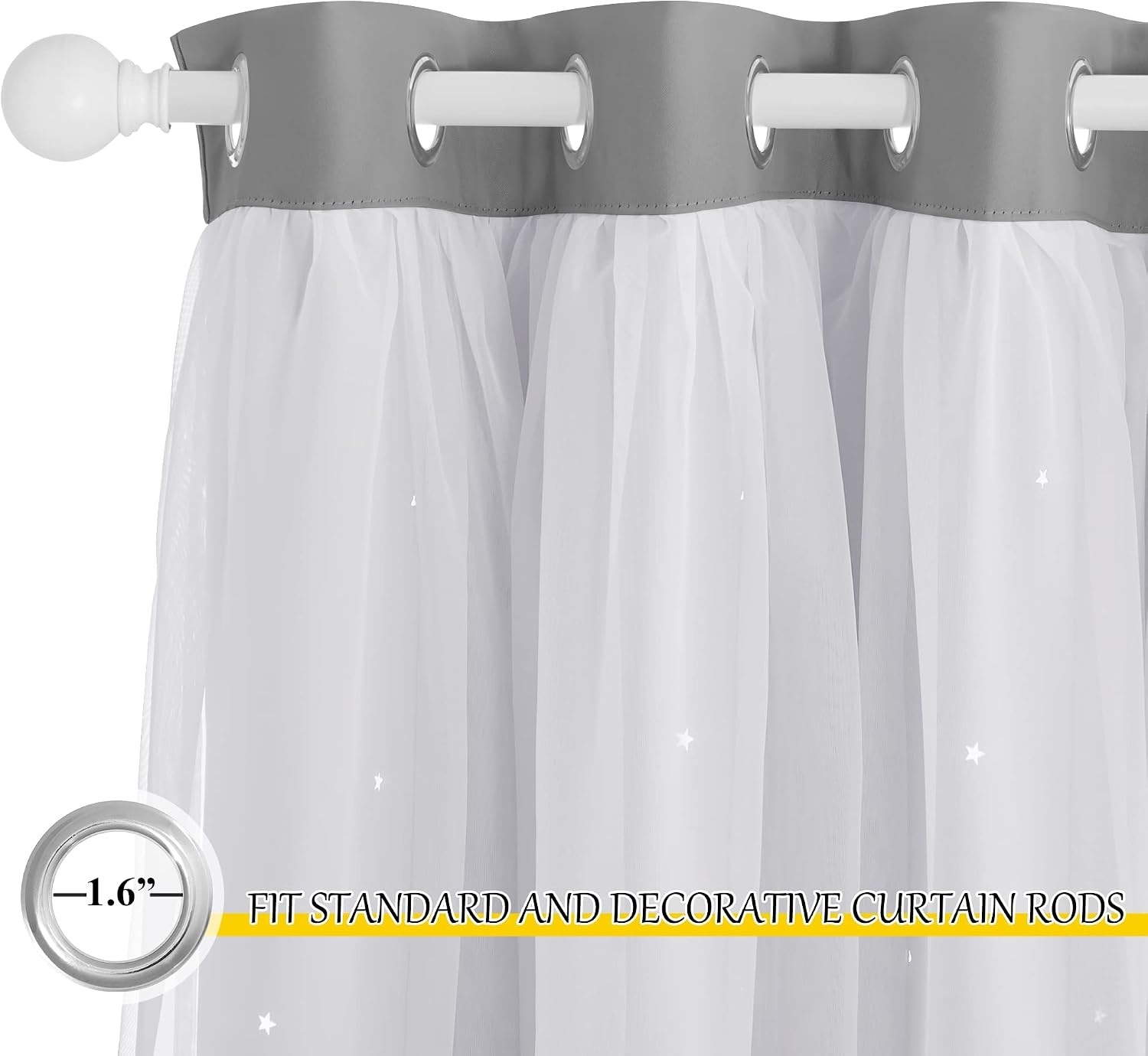 image:imageNICETOWN Kids Boys Blackout Curtains DoubleDeck Sheer Panel amp Star Drapes for Living Room Window Treatments with Tie Backs Blue 1 Pair W52 x L95Silver Grey