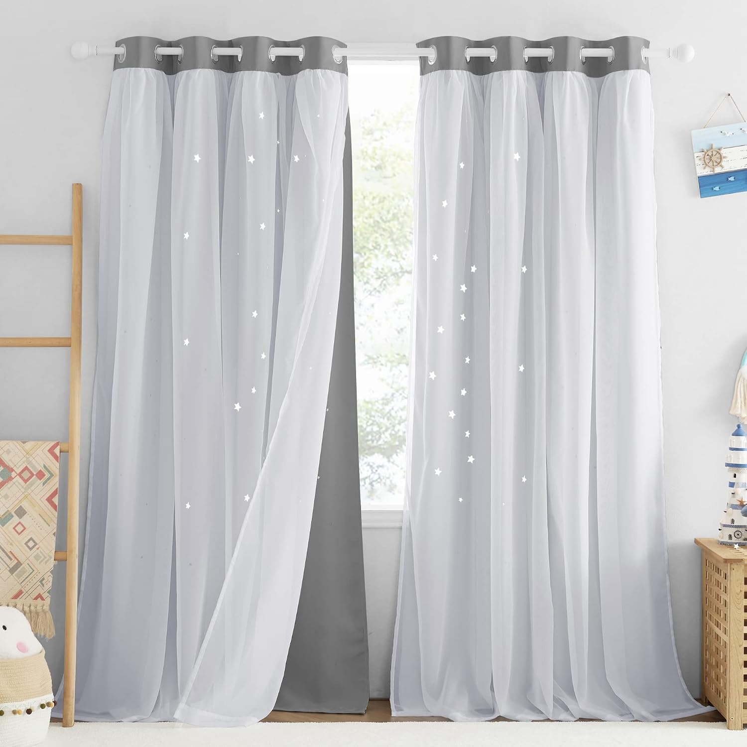 image:imageNICETOWN Kids Boys Blackout Curtains DoubleDeck Sheer Panel amp Star Drapes for Living Room Window Treatments with Tie Backs Blue 1 Pair W52 x L95Silver Grey