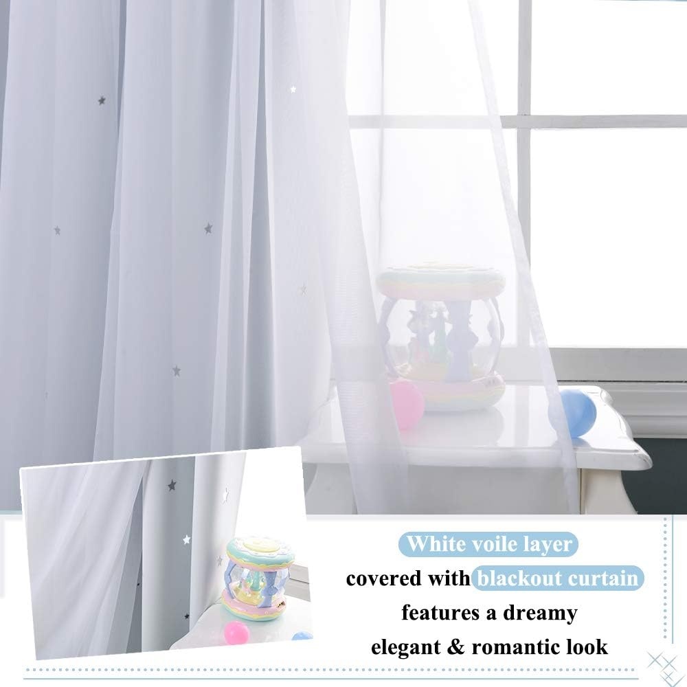 image:imageNICETOWN Kids Boys Blackout Curtains DoubleDeck Sheer Panel amp Star Drapes for Living Room Window Treatments with Tie Backs Blue 1 Pair W52 x L95White