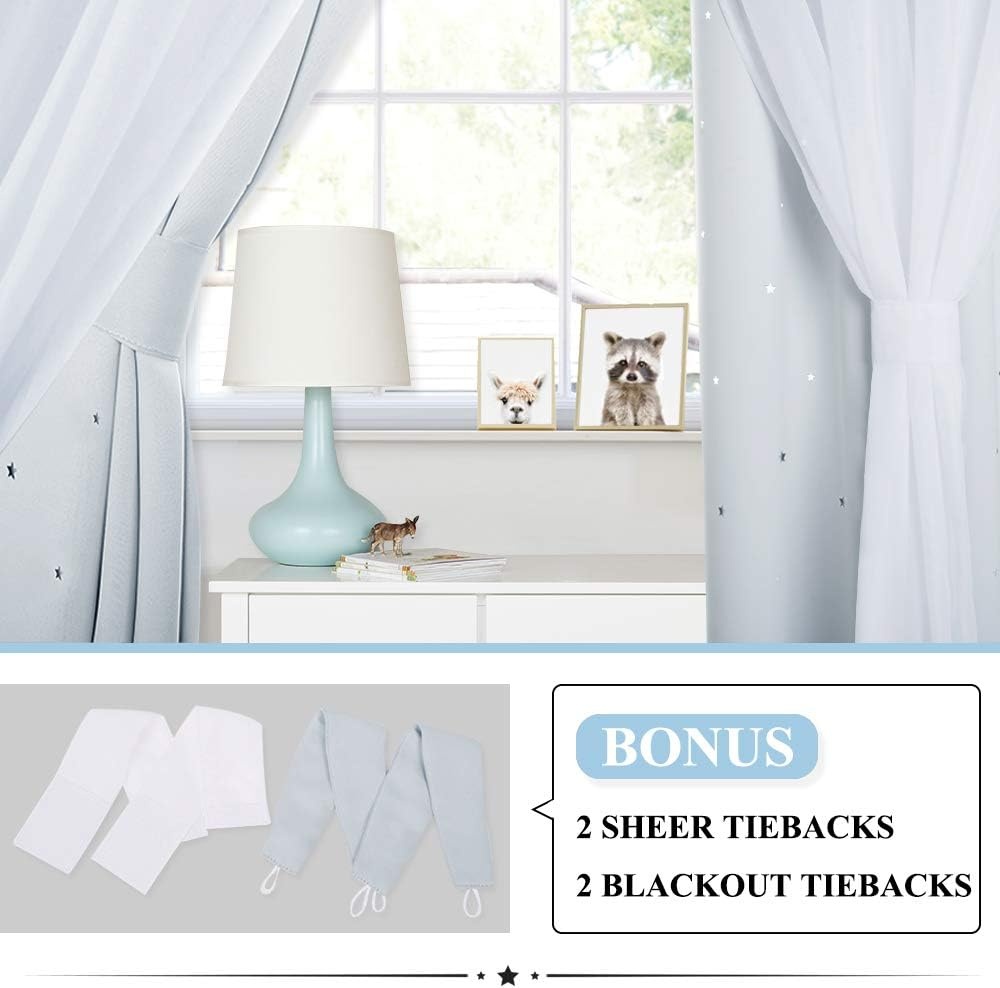image:imageNICETOWN Kids Boys Blackout Curtains DoubleDeck Sheer Panel amp Star Drapes for Living Room Window Treatments with Tie Backs Blue 1 Pair W52 x L95White