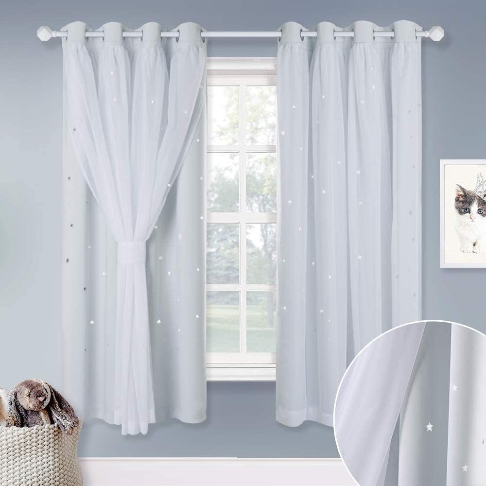image:imageNICETOWN Kids Boys Blackout Curtains DoubleDeck Sheer Panel amp Star Drapes for Living Room Window Treatments with Tie Backs Blue 1 Pair W52 x L95White