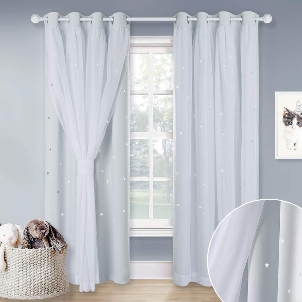 image:imageNICETOWN Kids Boys Blackout Curtains DoubleDeck Sheer Panel amp Star Drapes for Living Room Window Treatments with Tie Backs Blue 1 Pair W52 x L95White