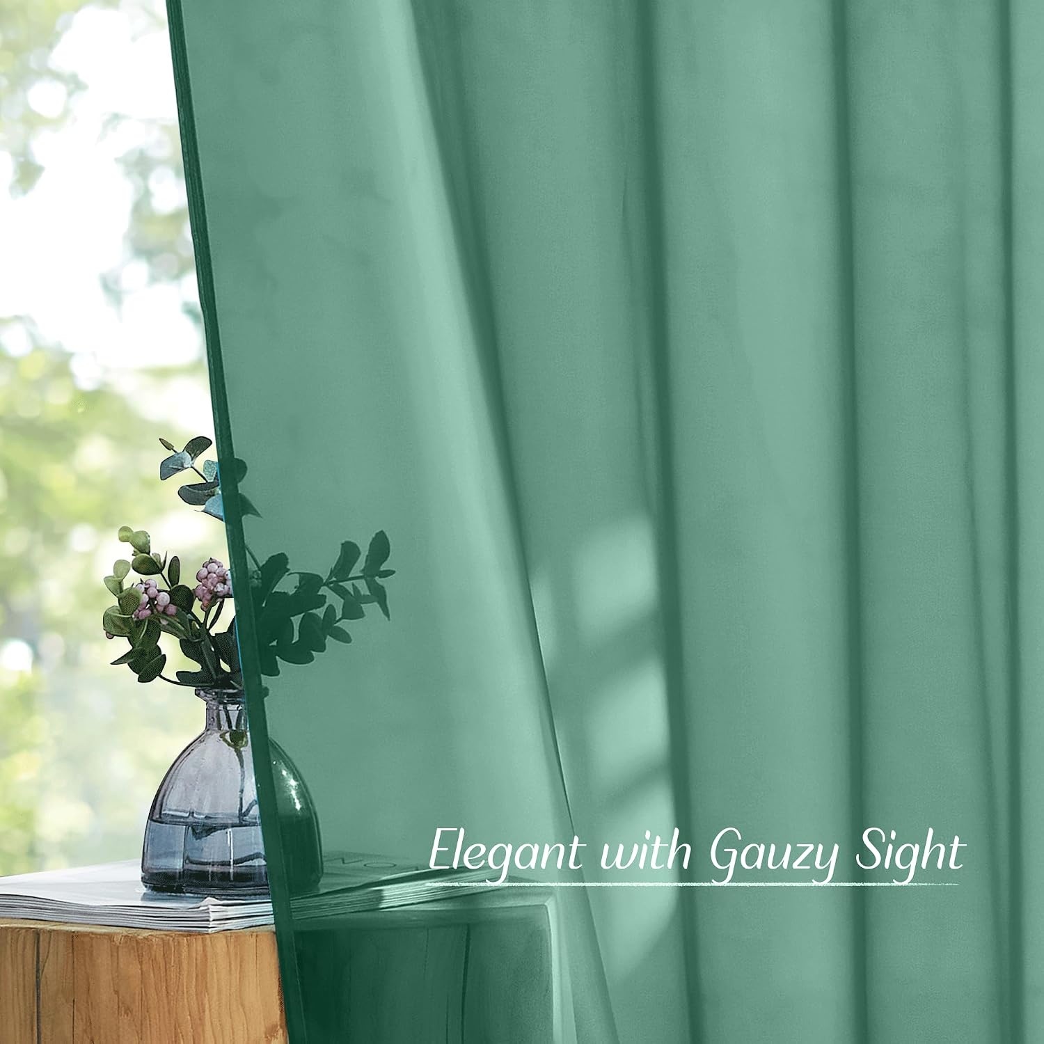 image:imageNICETOWN Patio Door Sheer Curtains 96 inch Length Ring Top Voile Textured Airy Sheer Curtains and Drapes Elegant for BedroomLiving Room Home Decor Beige 54 inch Wide 2 PanelsSante Green