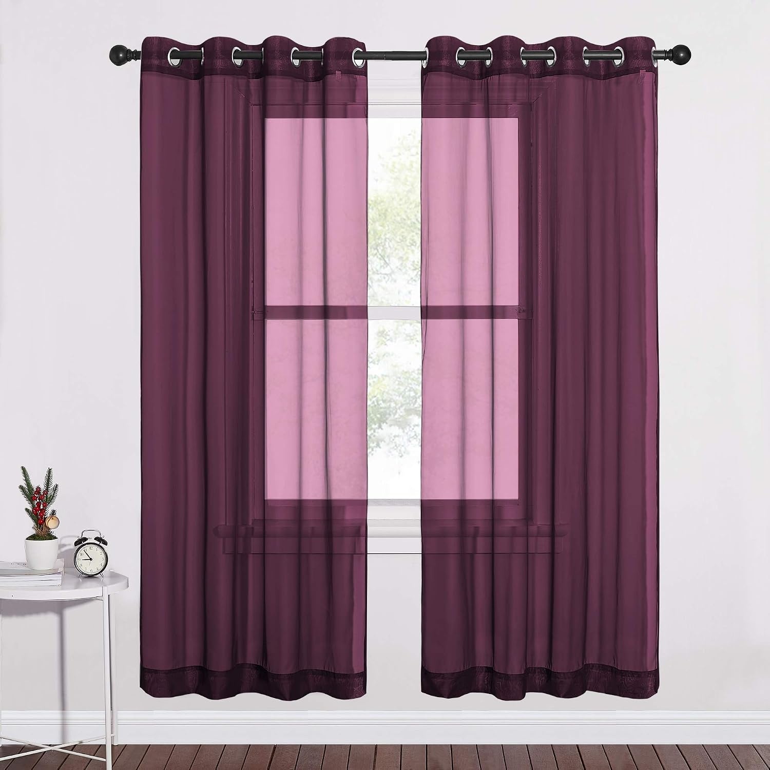 image:imageNICETOWN Patio Door Sheer Curtains 96 inch Length Ring Top Voile Textured Airy Sheer Curtains and Drapes Elegant for BedroomLiving Room Home Decor Beige 54 inch Wide 2 PanelsBurgundy Red