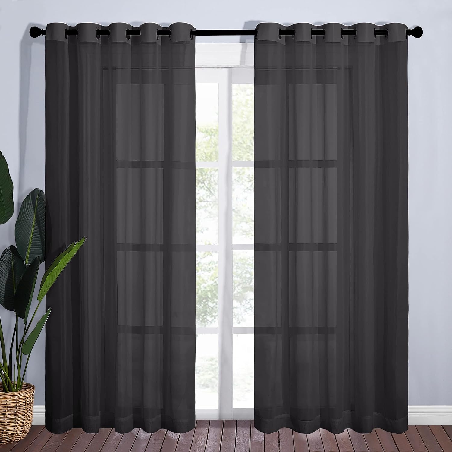 image:imageNICETOWN Patio Door Sheer Curtains 96 inch Length Ring Top Voile Textured Airy Sheer Curtains and Drapes Elegant for BedroomLiving Room Home Decor Beige 54 inch Wide 2 PanelsBlack
