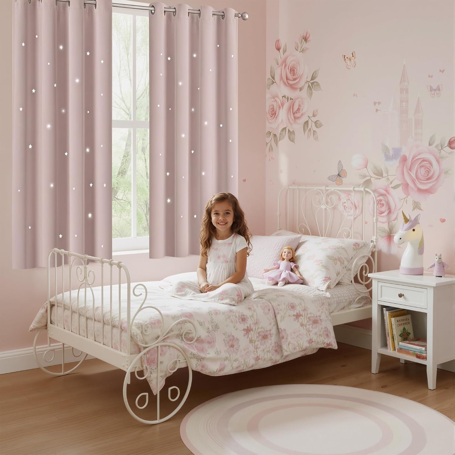 image:imageNICETOWN Sage Green Nursery Curtain with Cut Out Stars W52 x L63 2 PanelsBaby Pink